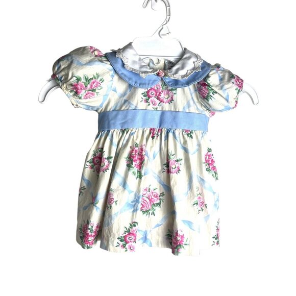 Vtg Cottage core Baby Prairie Twirl Dress Bow Collar Girl Cabbage Rose Lace Trim - Picture 4 of 11